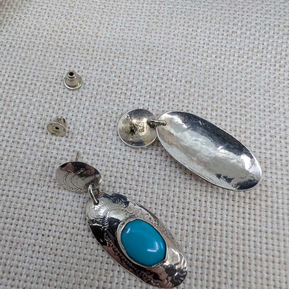 Vintage Handmade Sterling Silver Turquoise Stud Earrings | Florida Keys | 1.75” - Picture 13 of 16